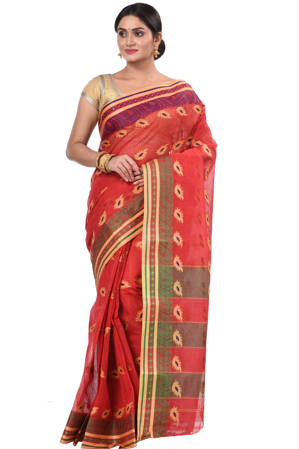 Red Pure Cotton PataButi Tant Saree (525)